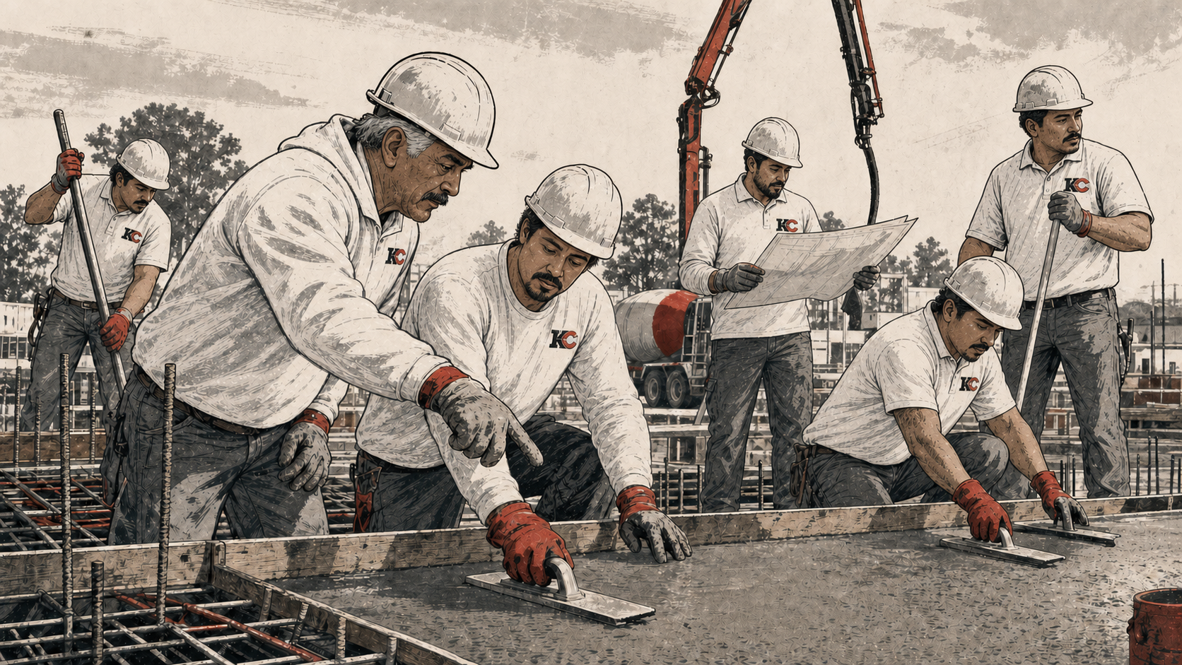 Illustration of a multigenerational Mexican-American KCCC concrete crew wearing white KC work shirts on a jobsite