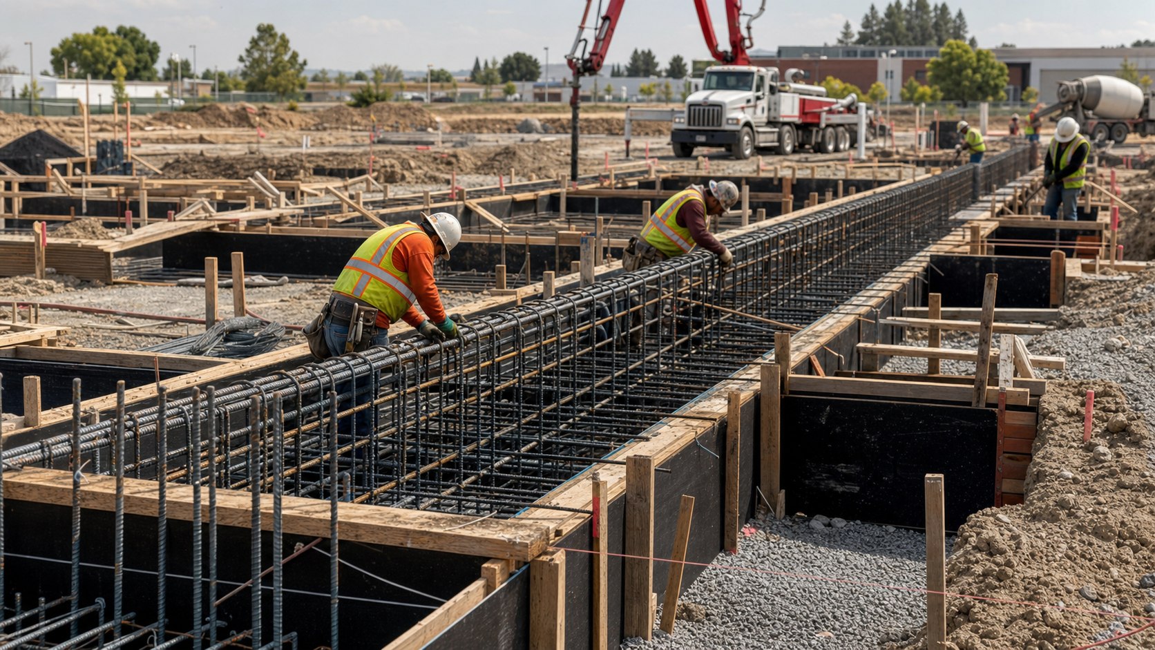 Concept image of organized concrete foundation formwork and reinforcing