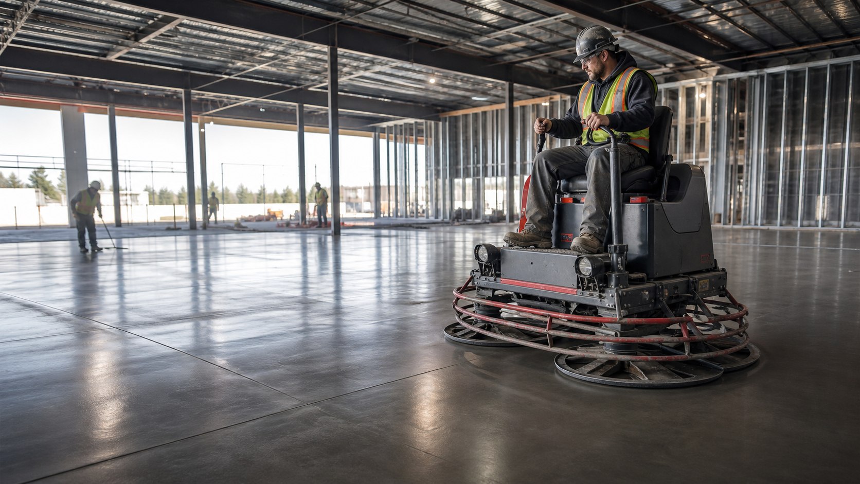 Concept image of machine-trowel finishing on a commercial slab